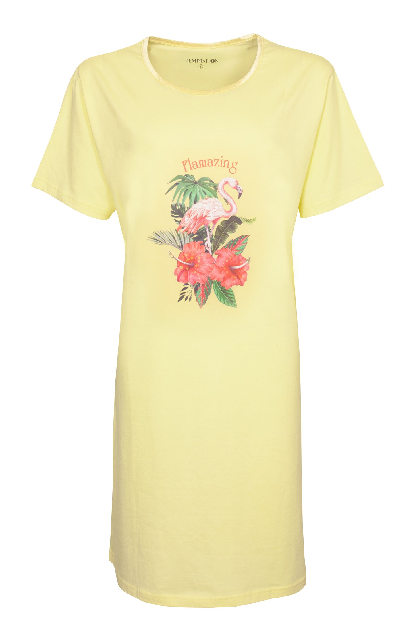 Temptation Dames Bigshirt - Flamingo Print - Geel