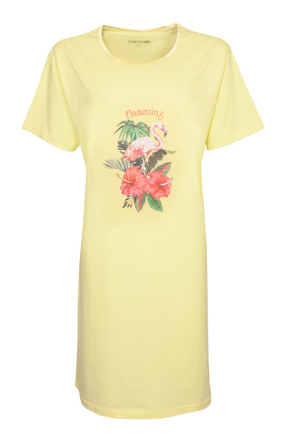 Temptation Dames Bigshirt - Flamingo Print - Geel