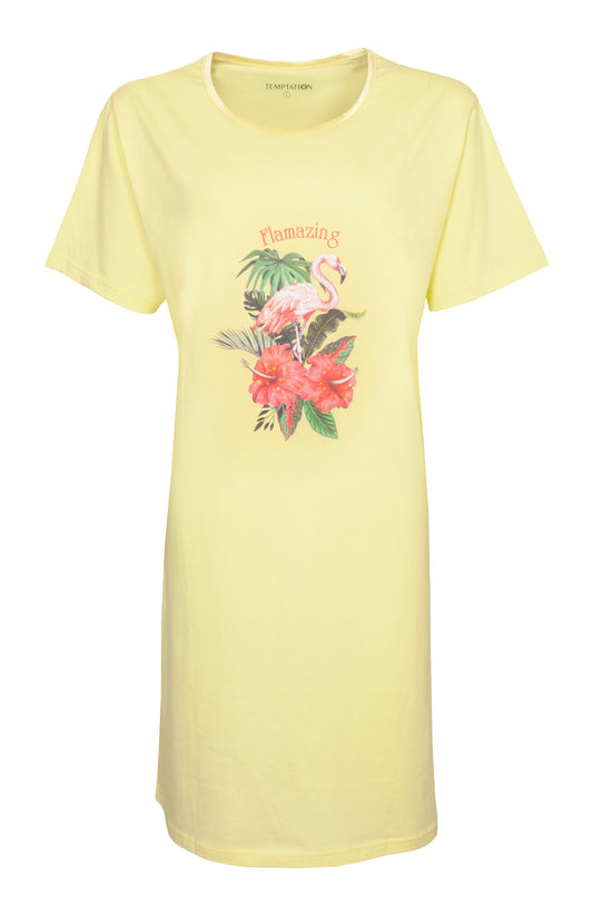 Temptation Dames Bigshirt - Flamingo Print - Geel