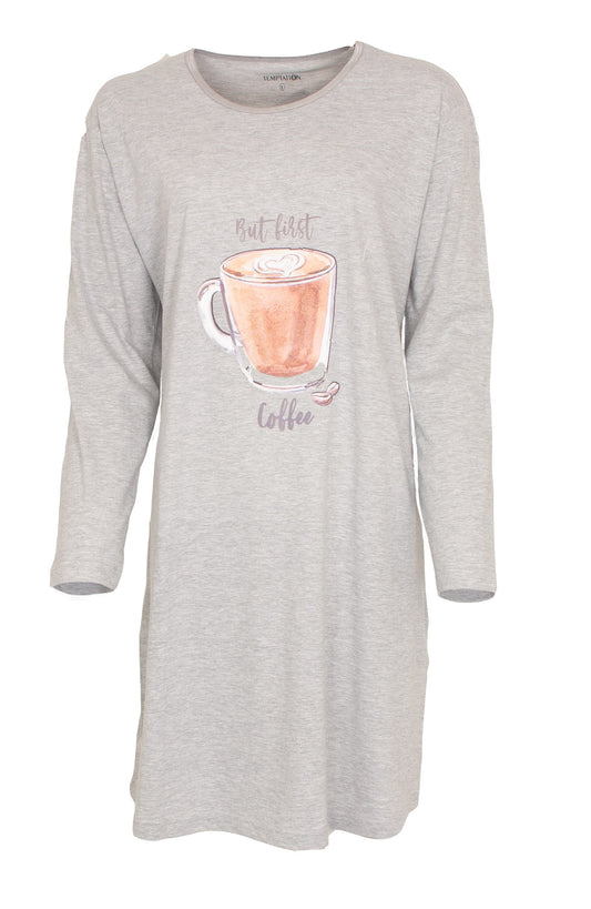 Tempation Dames Nachthemd - Bigshirt - Lange Mouwen - Grijs Melange