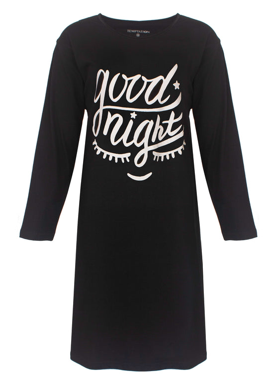 Temptation Dames Nachthemd - Bigshirt - Katoen - Zwart