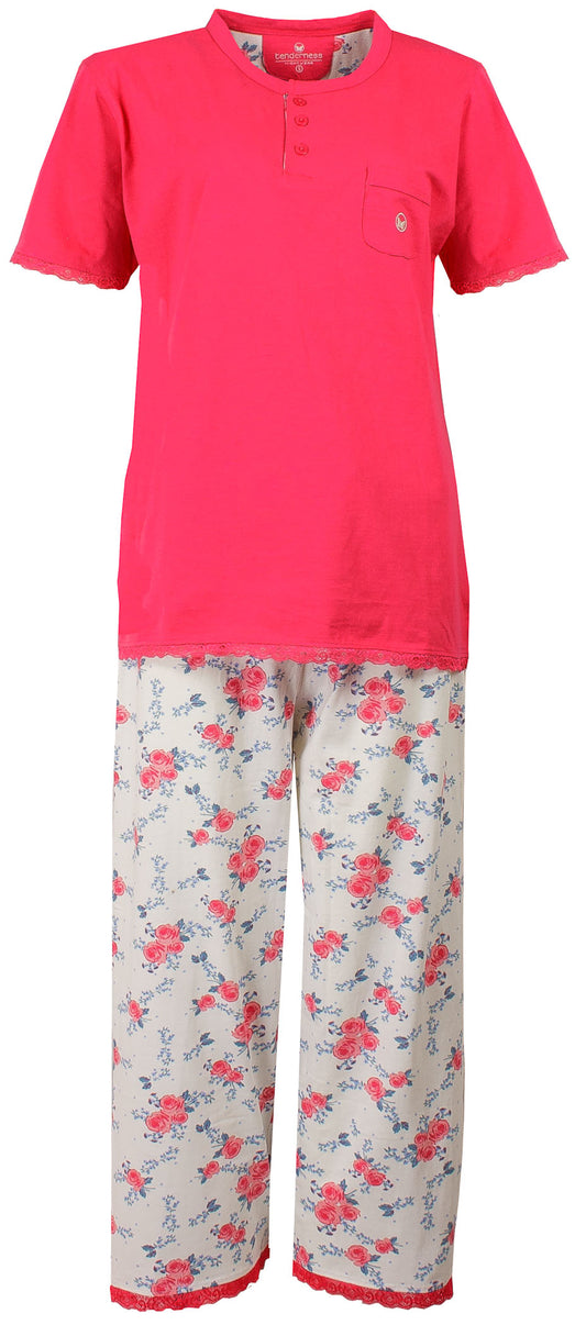 Tenderness Dames Pyjama - 3/4 Broek - Polo Sluiting- Ronde hals - Rose