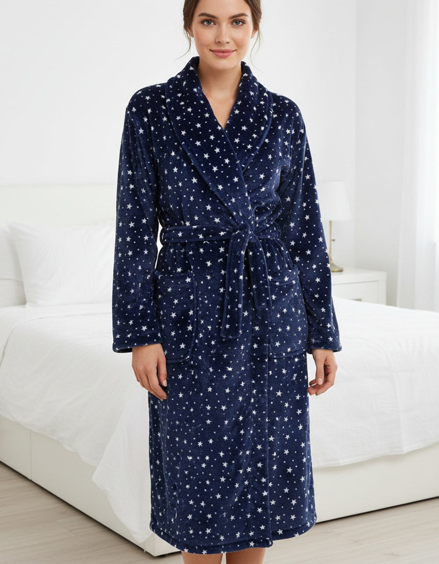 Tenderness Dames Badjas - Fleece - Sjaalkraag - Blauw