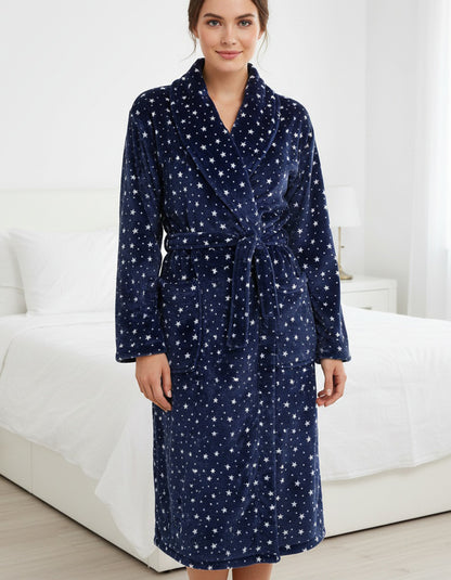 Tenderness Dames Badjas - Fleece - Sjaalkraag - Blauw