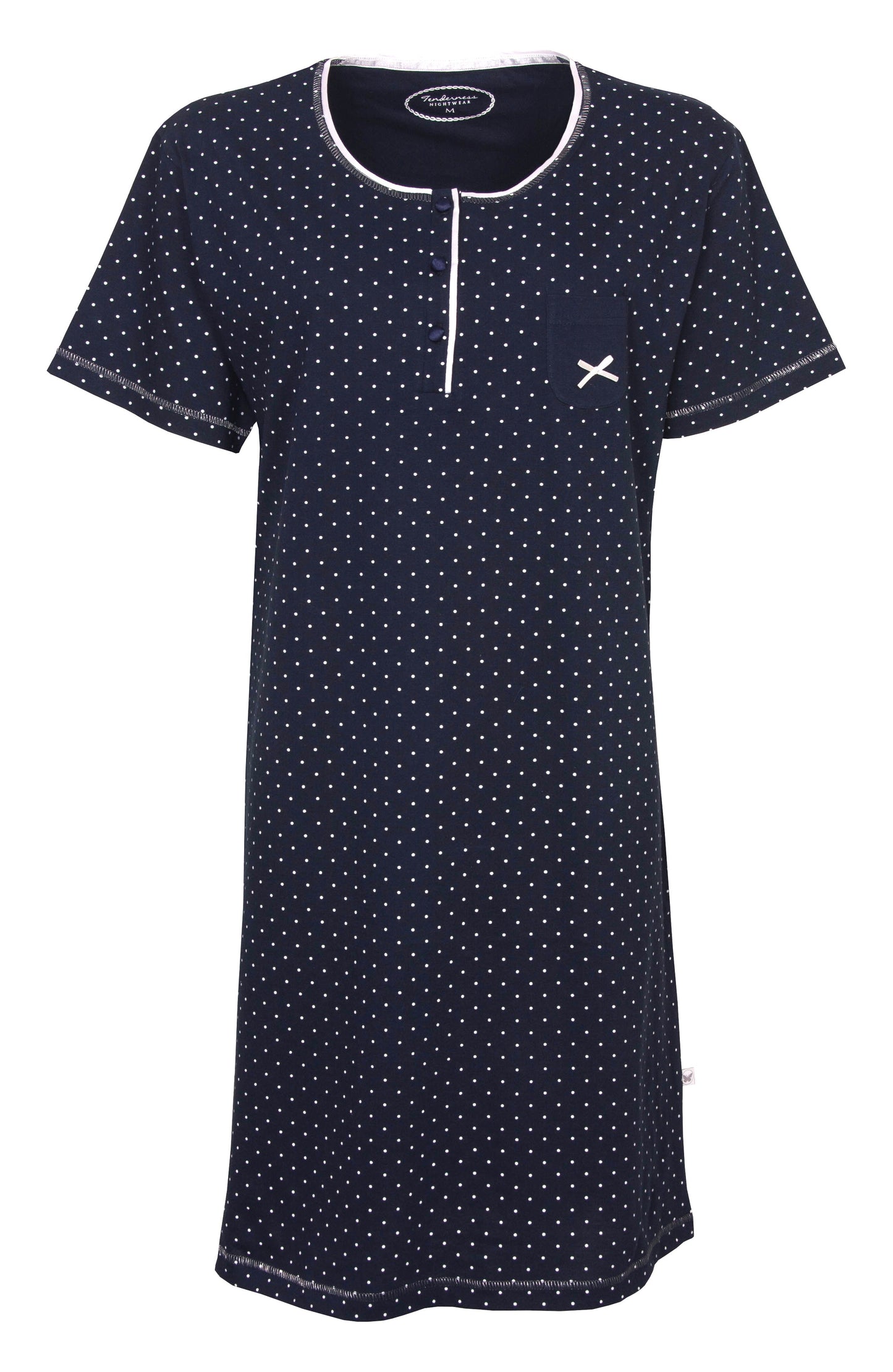Tenderness Dames Nachthemd - Witte Stippen - Korte Mouwen - Donker Blauw