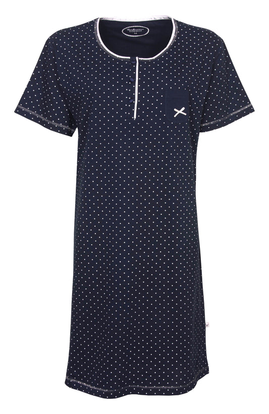 Tenderness Dames Nachthemd - Witte Stippen - Korte Mouwen - Donker Blauw