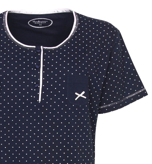 Tenderness Dames Nachthemd - Witte Stippen - Korte Mouwen - Donker Blauw