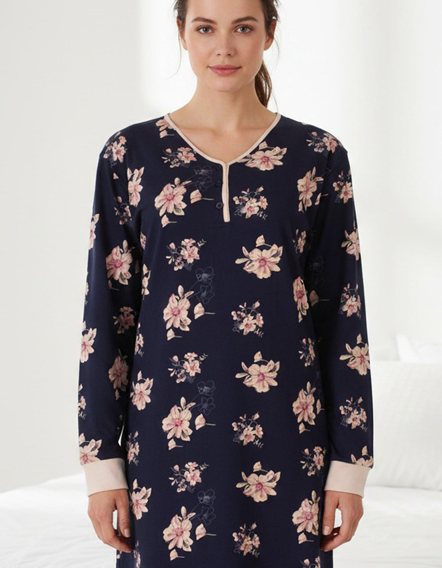 Tenderness Dames Nachthemd - Lange Mouw - Gebloemd - Donker Blauw
