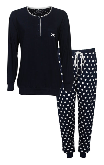 Tenderness Dames Pyjama - Lange Mouwen  - Katoen - Polo Sluiting - Navy Blauw