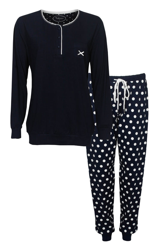Tenderness Dames Pyjama - Lange Mouwen  - Katoen - Polo Sluiting - Navy Blauw