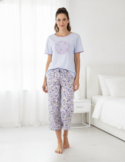 Tenderness Dames Shortama Set-3/4 Broek- Korte Mouwen - Bloemen Print - Licht Blauw