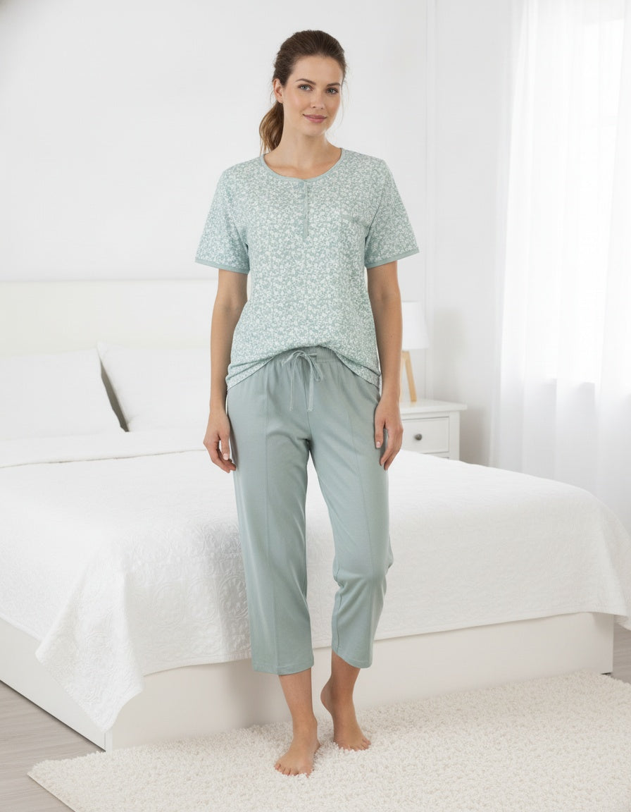 Tenderness Dames Pyjama-3/4 Broek - Korte Mouwen - Groen