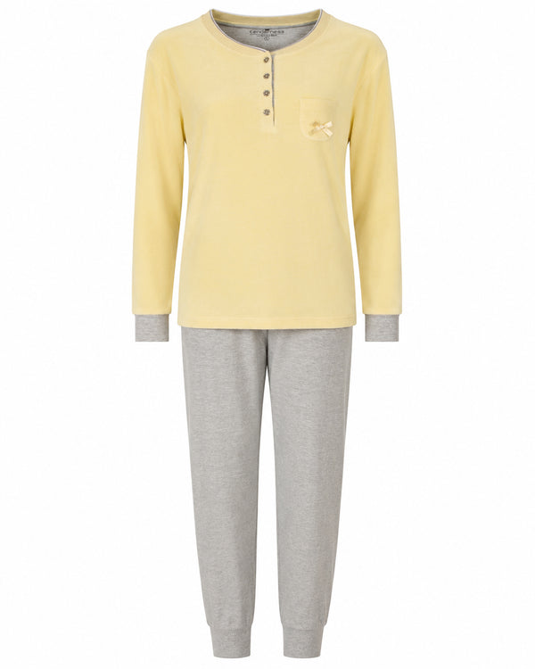Tenderness Dames Pyjama - Badstof - Lange Mouwen - Licht Geel