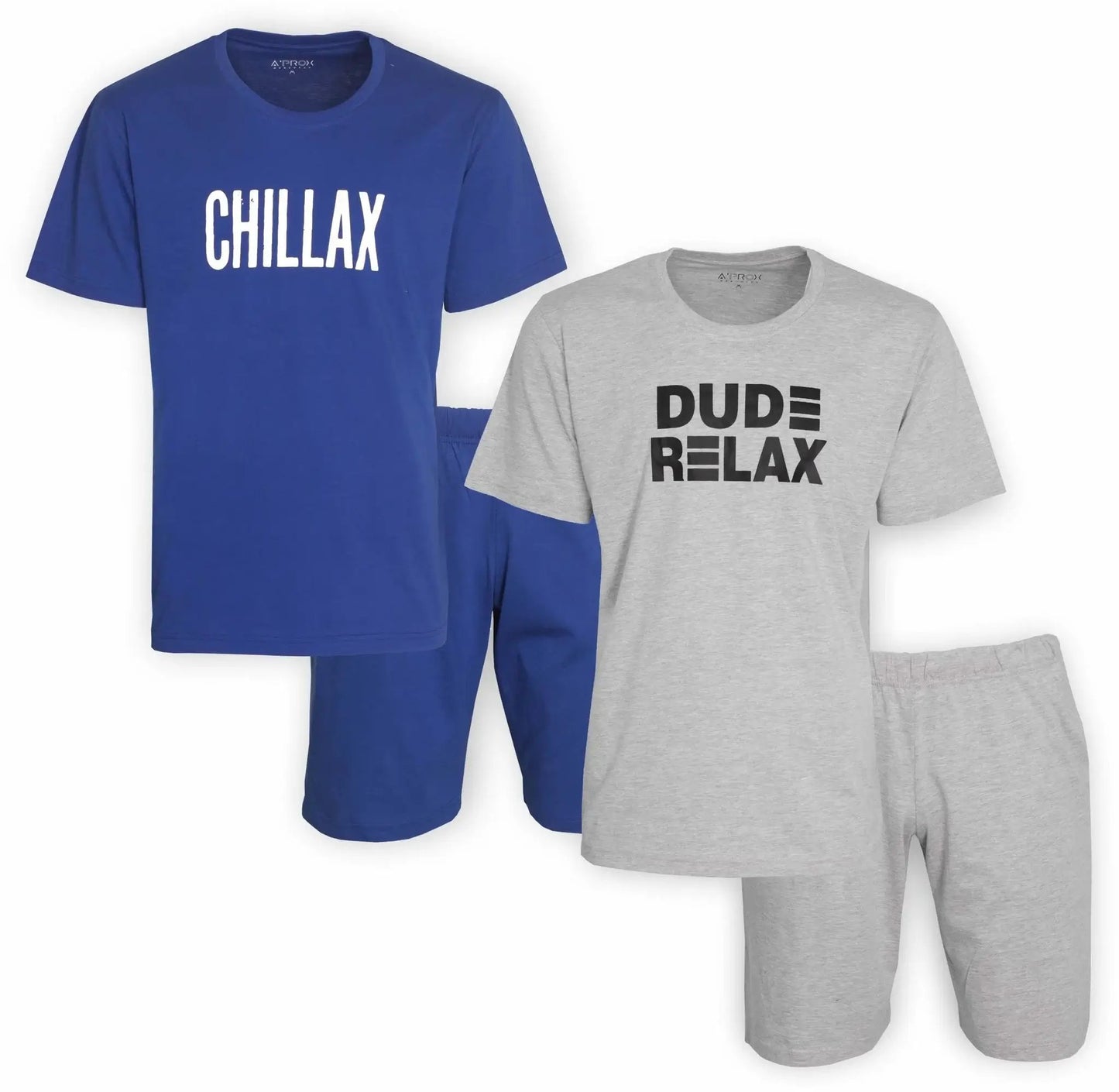 Twee shortama's: blauw met 'CHILLAX' opdruk en grijs met 'DUDE RELAX' opdruk, beide met korte mouwen en broek.