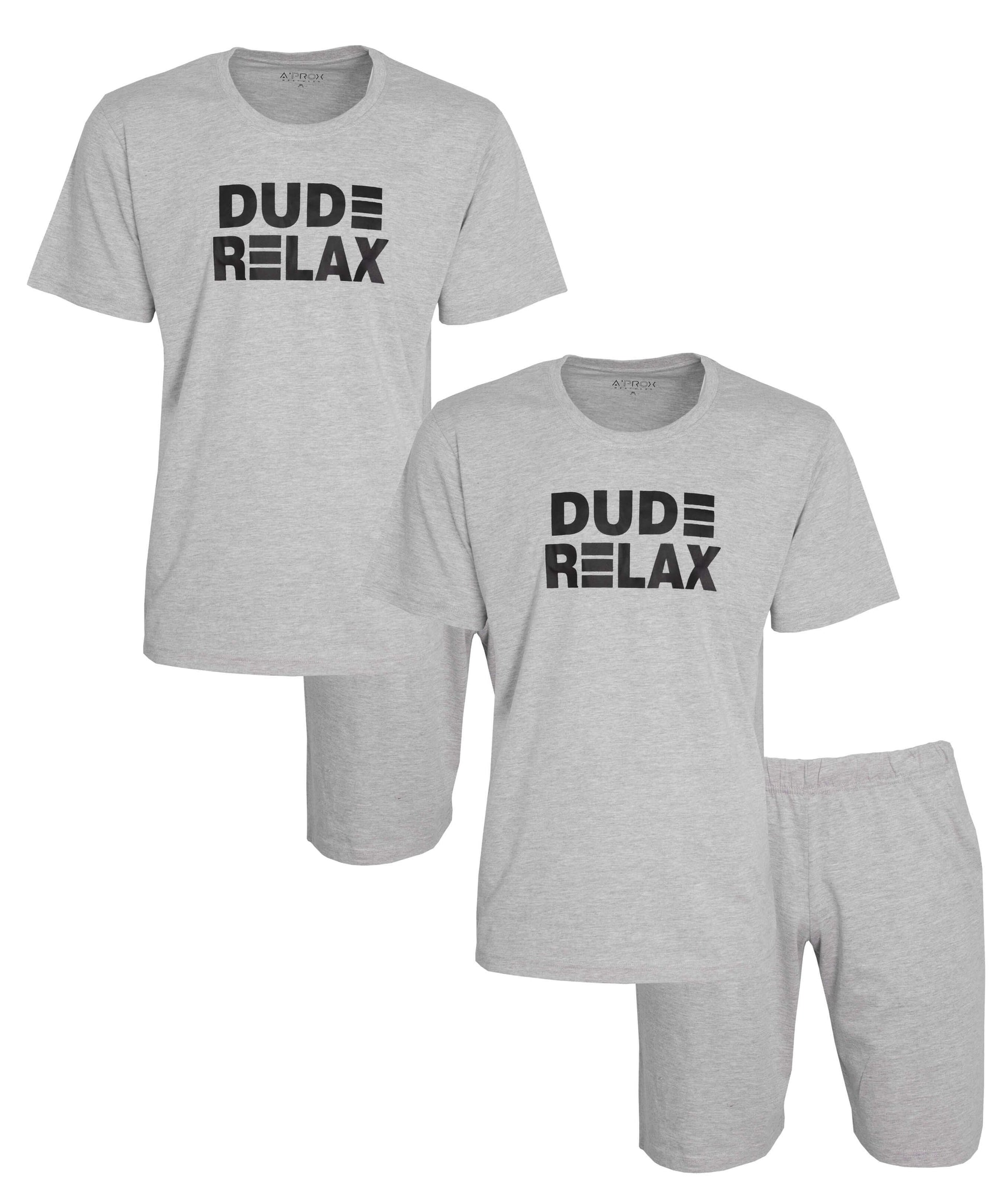Grijze heren shortama set met 'DUDE RELAX' opdruk op t-shirt, inclusief korte broek. Duo-pack aanbieding.