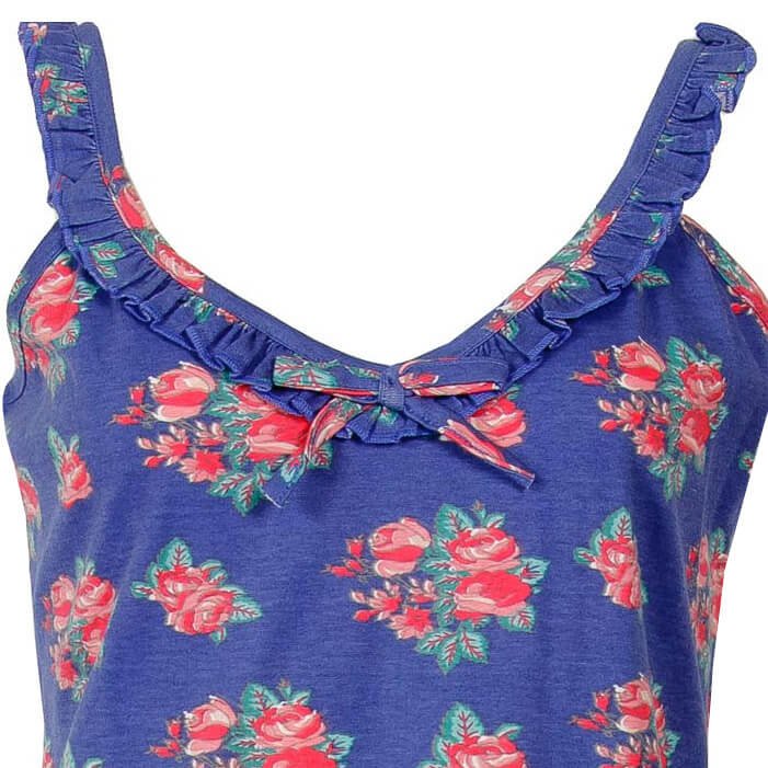 Blauw nachthemd met roze bloemenprint, ruches langs de hals en een strikje in het midden.
