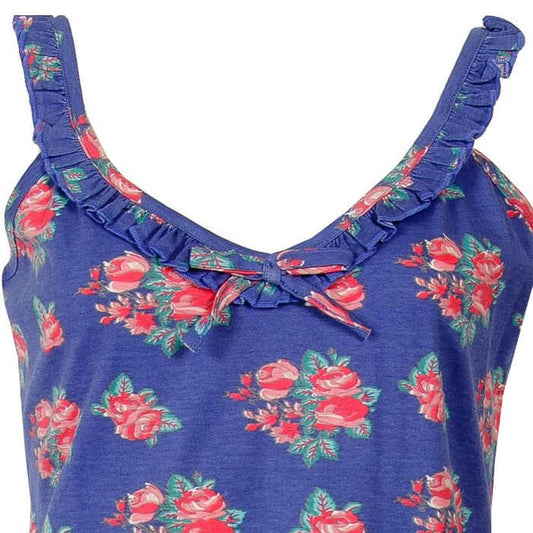 Blauw nachthemd met roze bloemenprint, ruches langs de hals en een strikje in het midden.