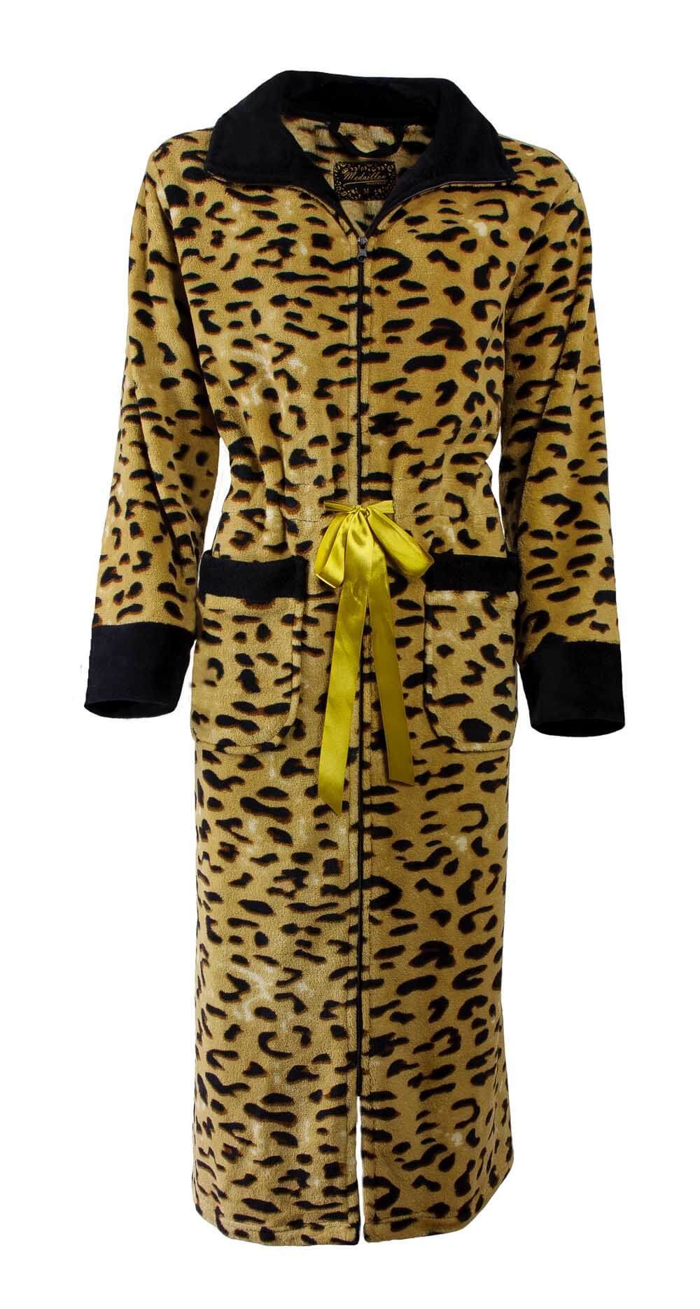Lange damesbadjas met tijgerprint in geel en zwart, zwarte kraag en manchetten, gele strik in taille.