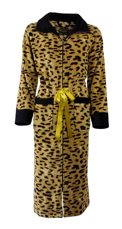 Lange damesbadjas met tijgerprint in geel en zwart, zwarte kraag en manchetten, gele strik in taille.