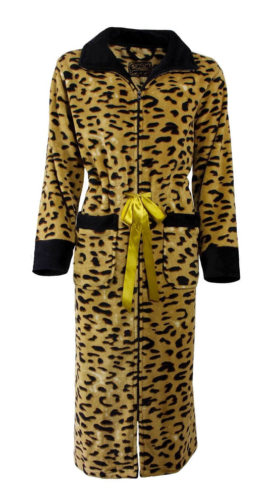 Lange damesbadjas met tijgerprint in geel en zwart, zwarte kraag en manchetten, gele strik in taille.