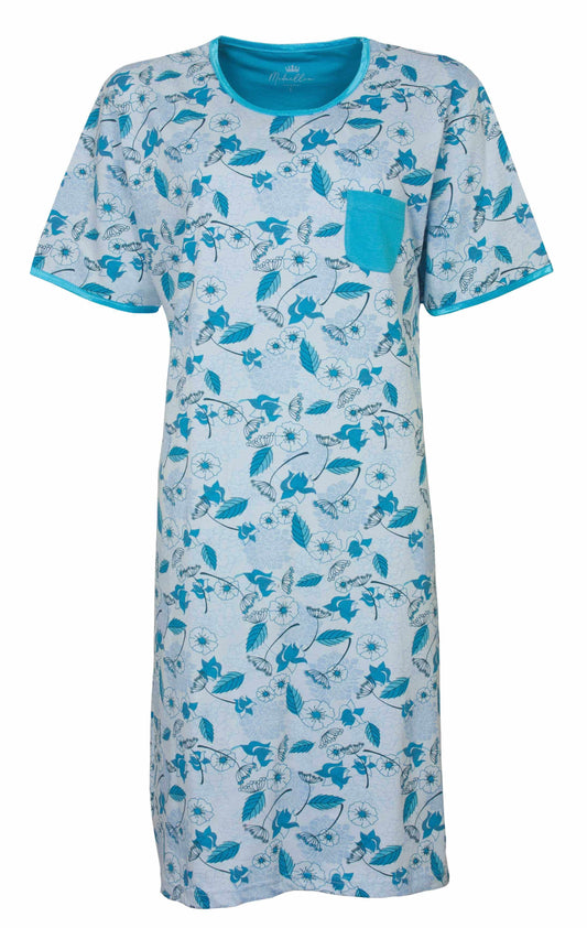 Lichtblauw dames nachthemd met turquoise bloemenprint, korte mouwen en ronde hals, gemaakt van katoen
