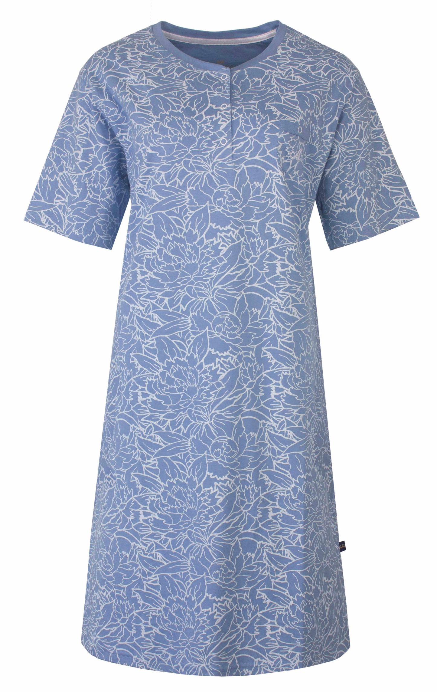 Blauw dames nachthemd met witte bloemenprint, korte mouwen en knoopsluiting bij de hals