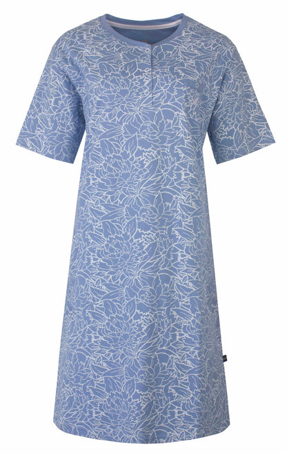 Blauw dames nachthemd met witte bloemenprint, korte mouwen en knoopsluiting bij de hals