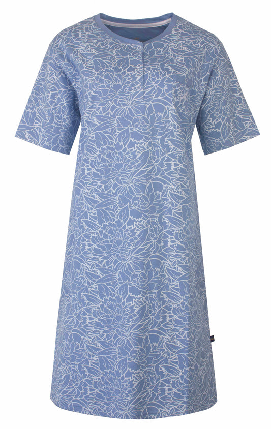 Blauw dames nachthemd met witte bloemenprint, korte mouwen en knoopsluiting bij de hals