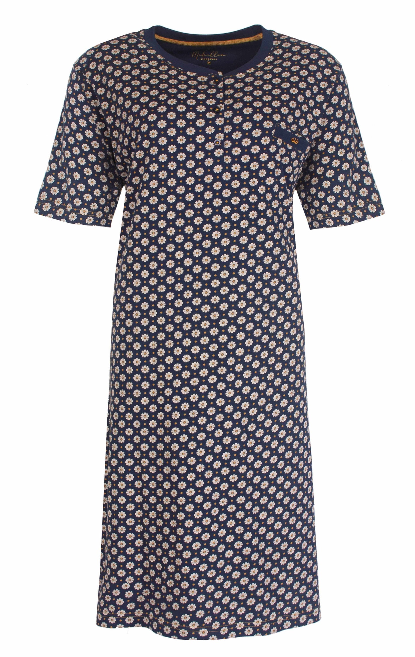 Blauw nachthemd met zonnebloem patroon, korte mouwen en knoopsluiting aan de hals. 100% gekamde katoen.