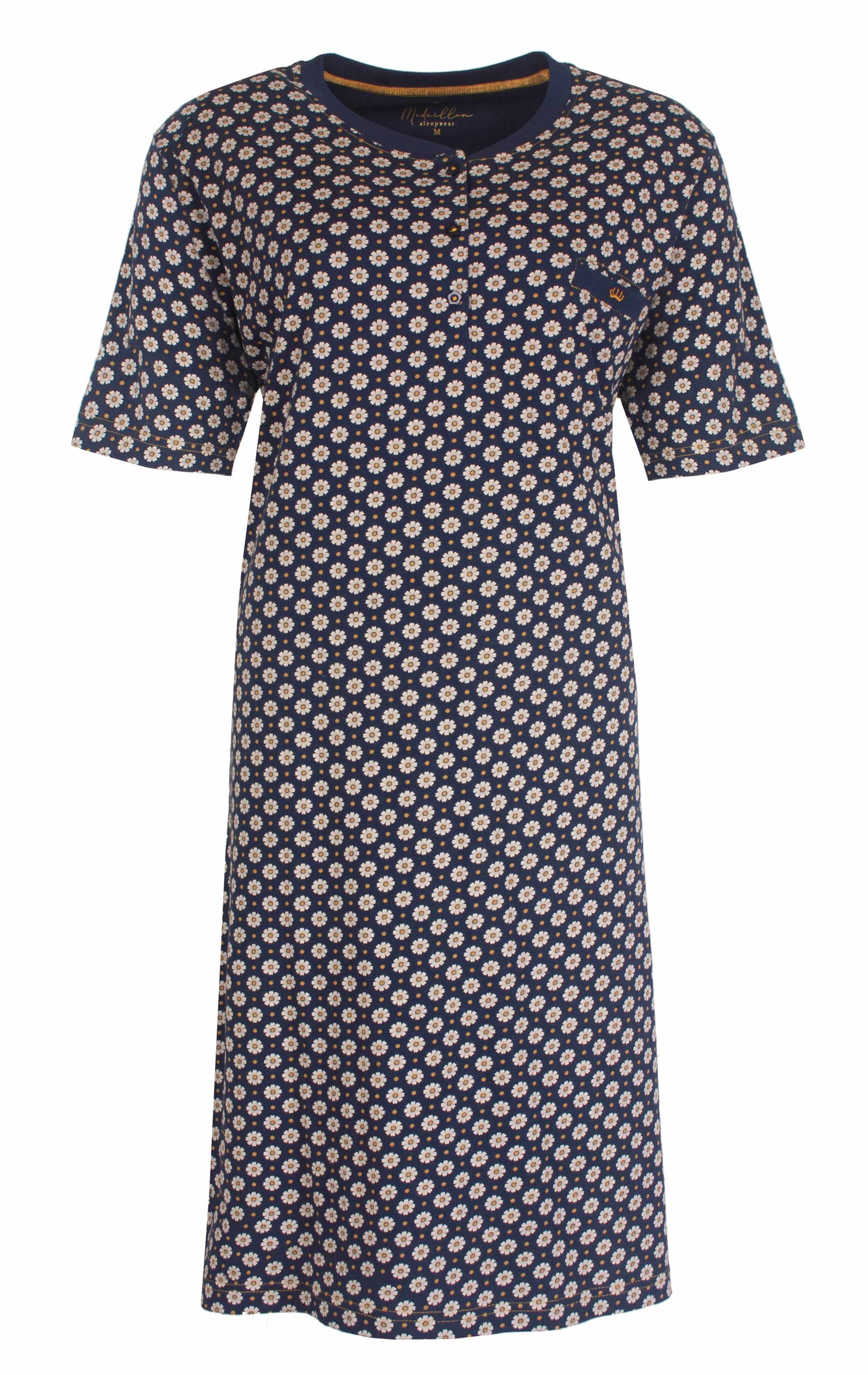 Blauw nachthemd met zonnebloem patroon, korte mouwen en knoopsluiting aan de hals. 100% gekamde katoen.