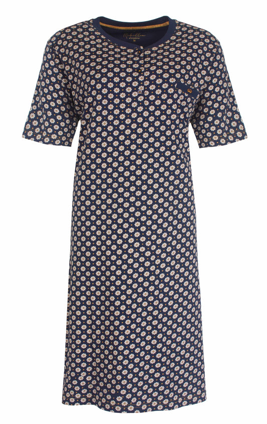Blauw nachthemd met zonnebloem patroon, korte mouwen en knoopsluiting aan de hals. 100% gekamde katoen.