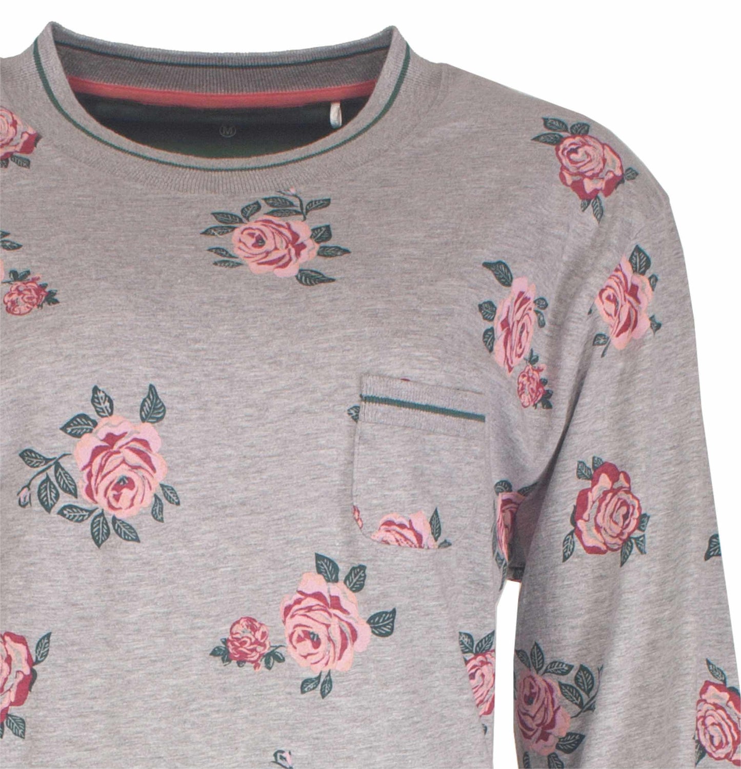 Grijs melange nachthemd met roze rozenprint, ronde hals en borstzakje. Comfortabel jersey materiaal.
