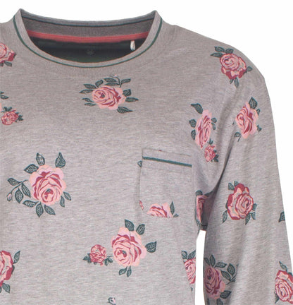 Grijs melange nachthemd met roze rozenprint, ronde hals en borstzakje. Comfortabel jersey materiaal.