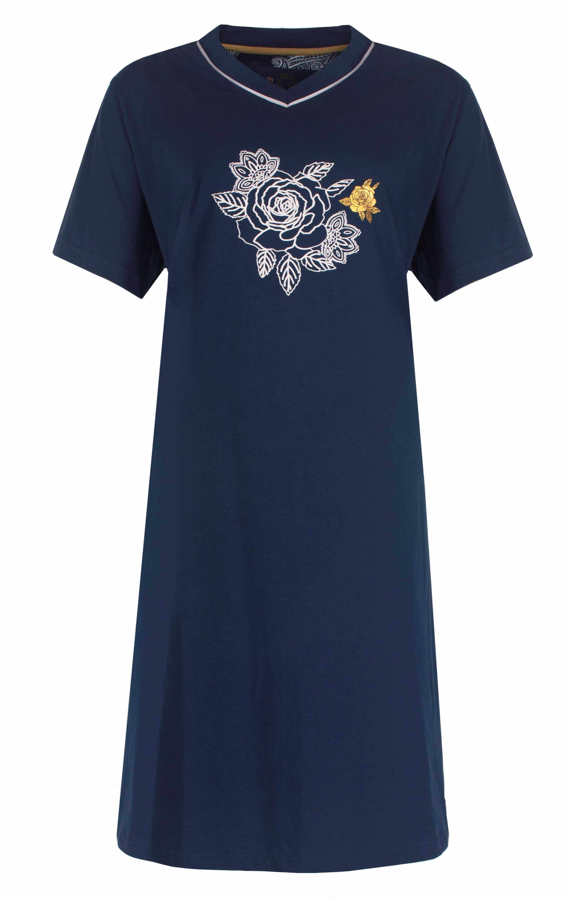 Marineblauw nachthemd met V-hals en korte mouwen, versierd met witte en gouden rozenmotief op de borst.