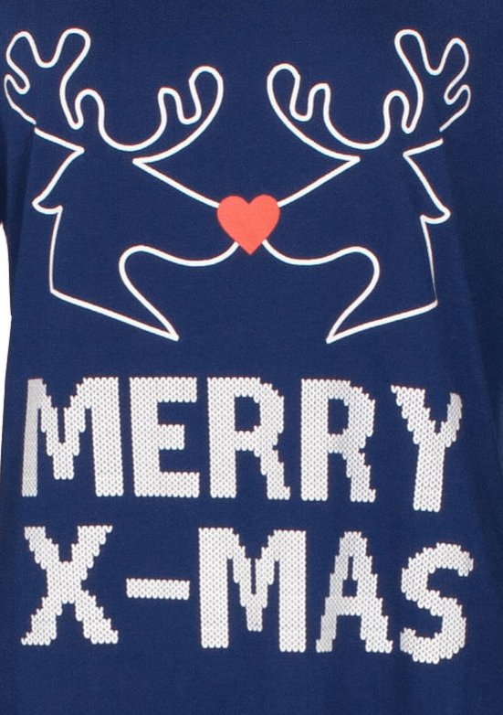 Blauw nachthemd met witte 'MERRY X-MAS' tekst en rendierhoofden ontwerp met rood hartje ertussen