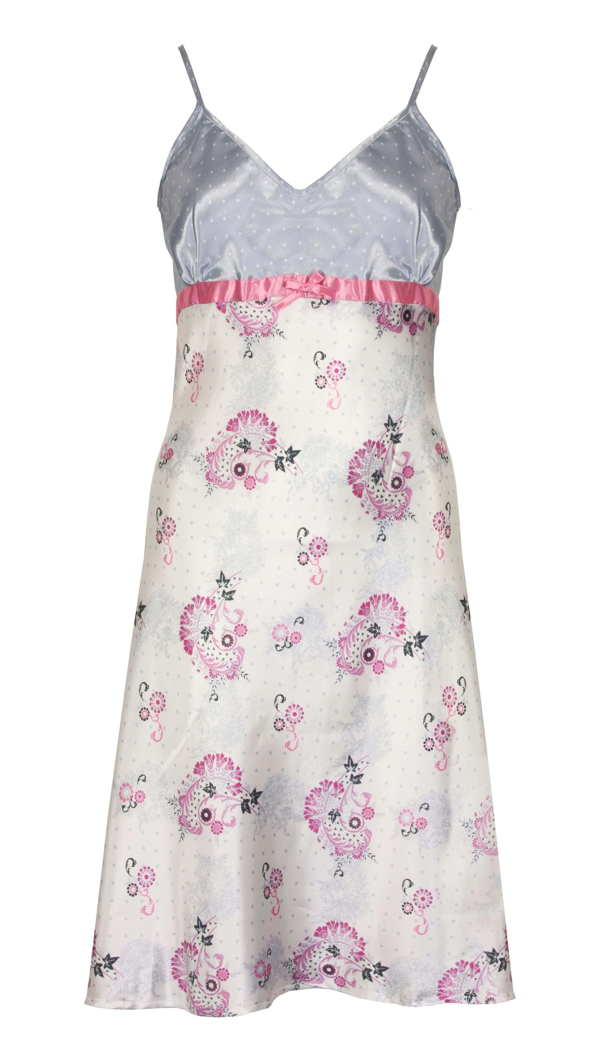 Satijnen nachthemd met gestipte grijze bovenkant, roze tailleband en witte onderkant met roze bloemenpatroon.