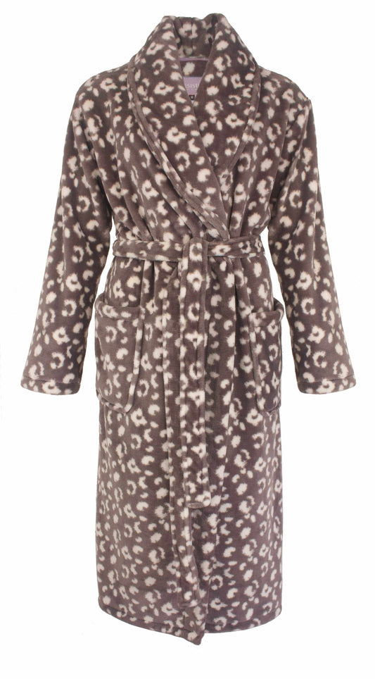 Bruine fleece ochtendjas met panterprint, lange mouwen, zakken en een ceintuur voor dames.