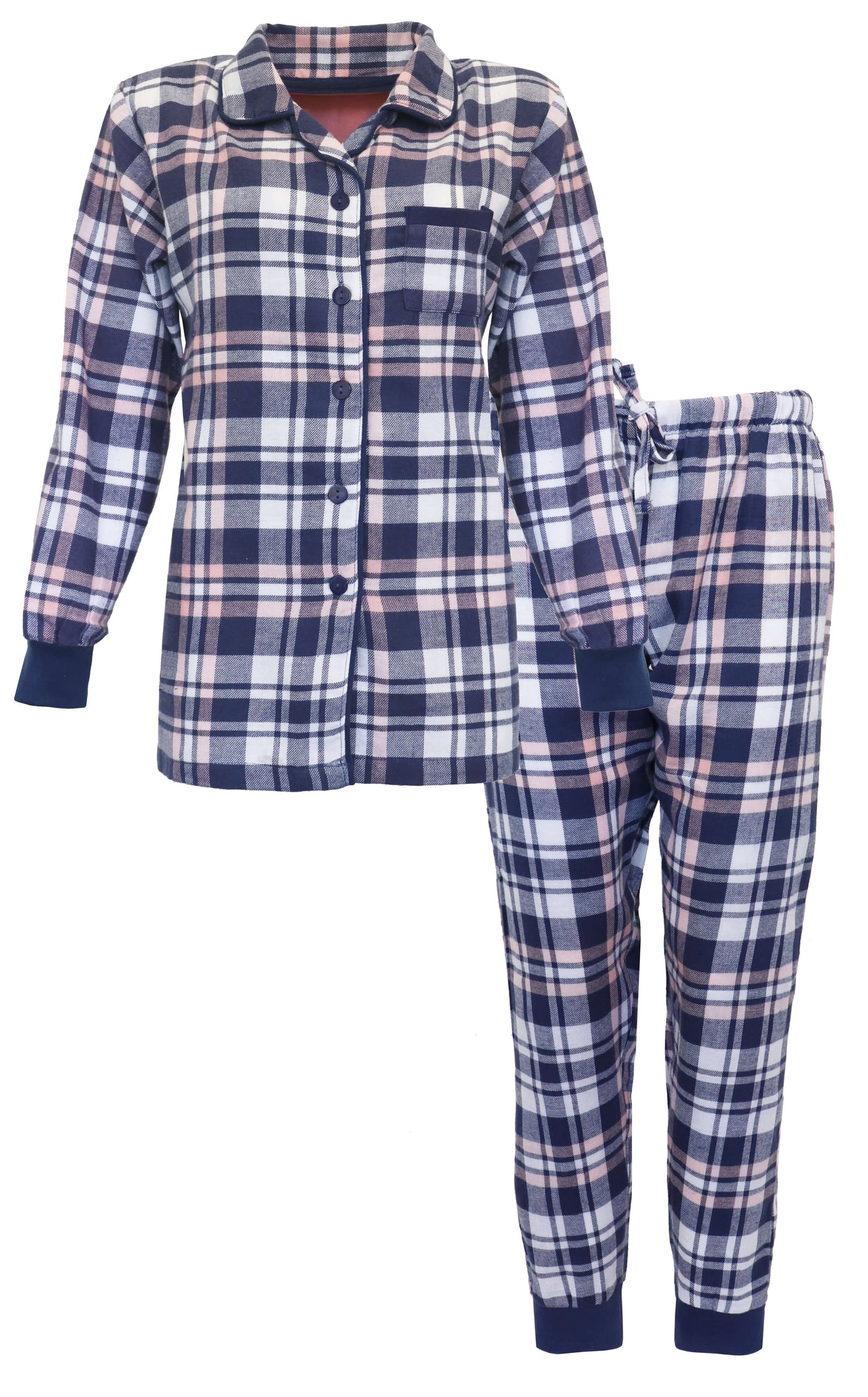 Blauwe geruite flanel pyjama set met doorknoop shirt en lange broek, gemaakt van 100% katoen