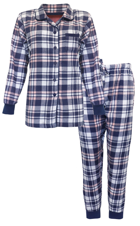 Blauwe geruite flanel pyjama set met doorknoop shirt en lange broek, gemaakt van 100% katoen