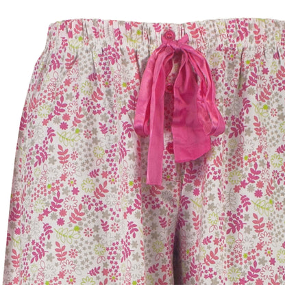 Roze katoenen pyjama broek met bloemenprint en elastische band met roze lint