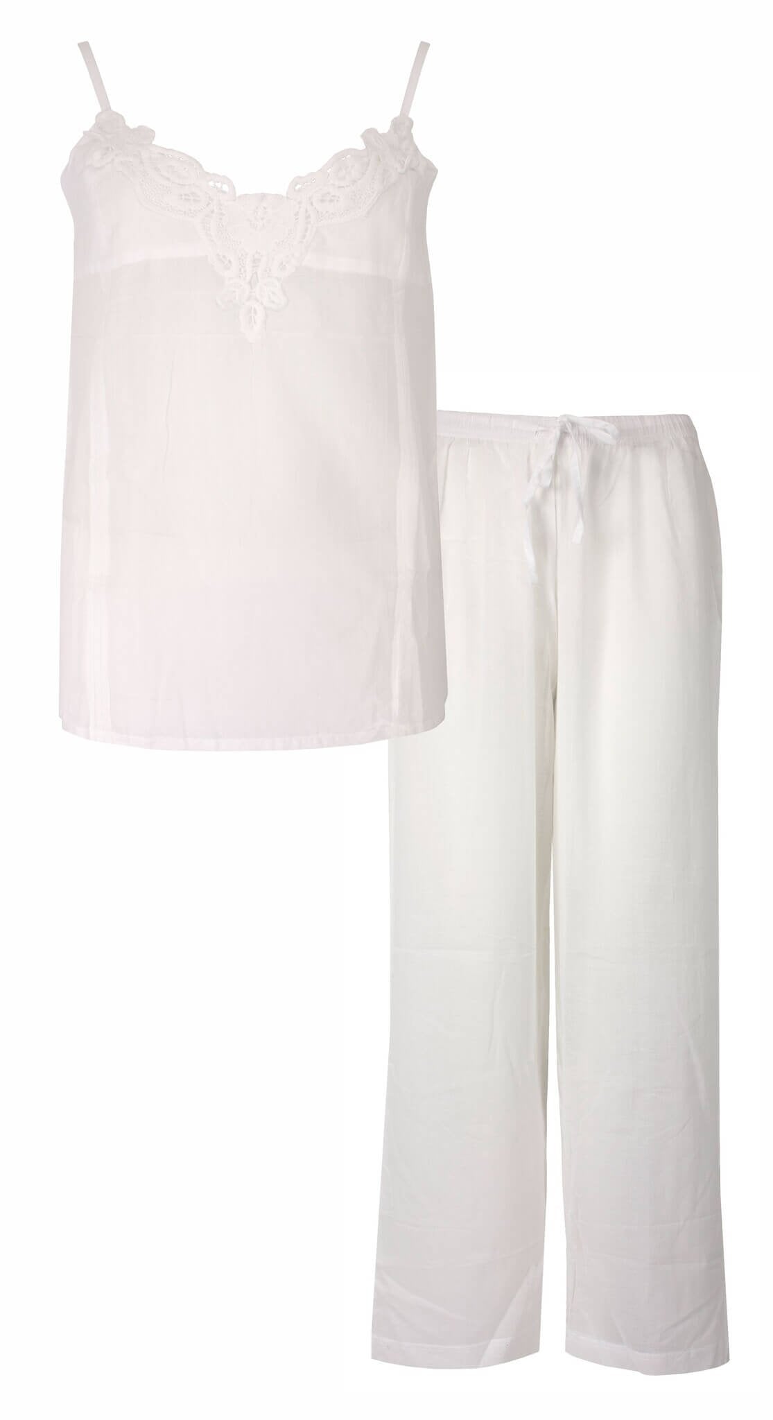 Witte katoenen dames pyjama set met kanten spaghetti top en lange rechte broek, elegant en comfortabel ontwerp.