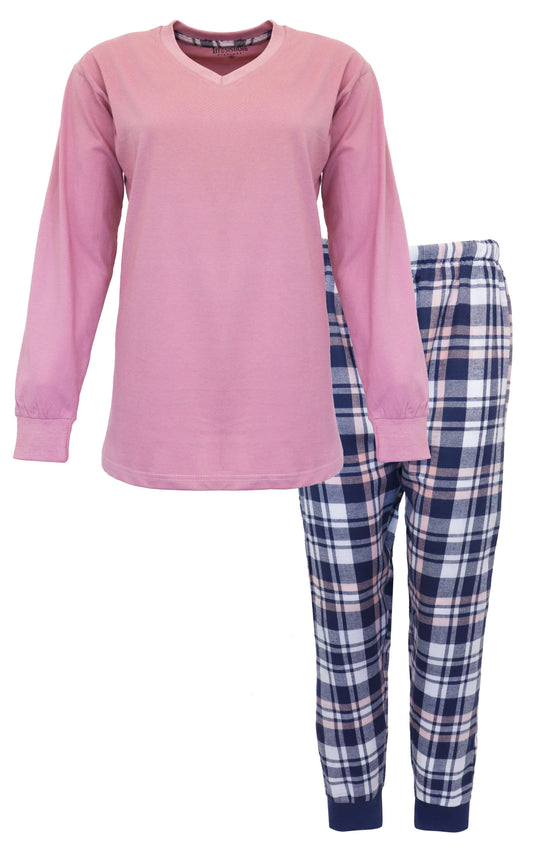 Roze langmouw pyjama top met V-hals en geruite flanel broek in blauw, wit en roze tinten