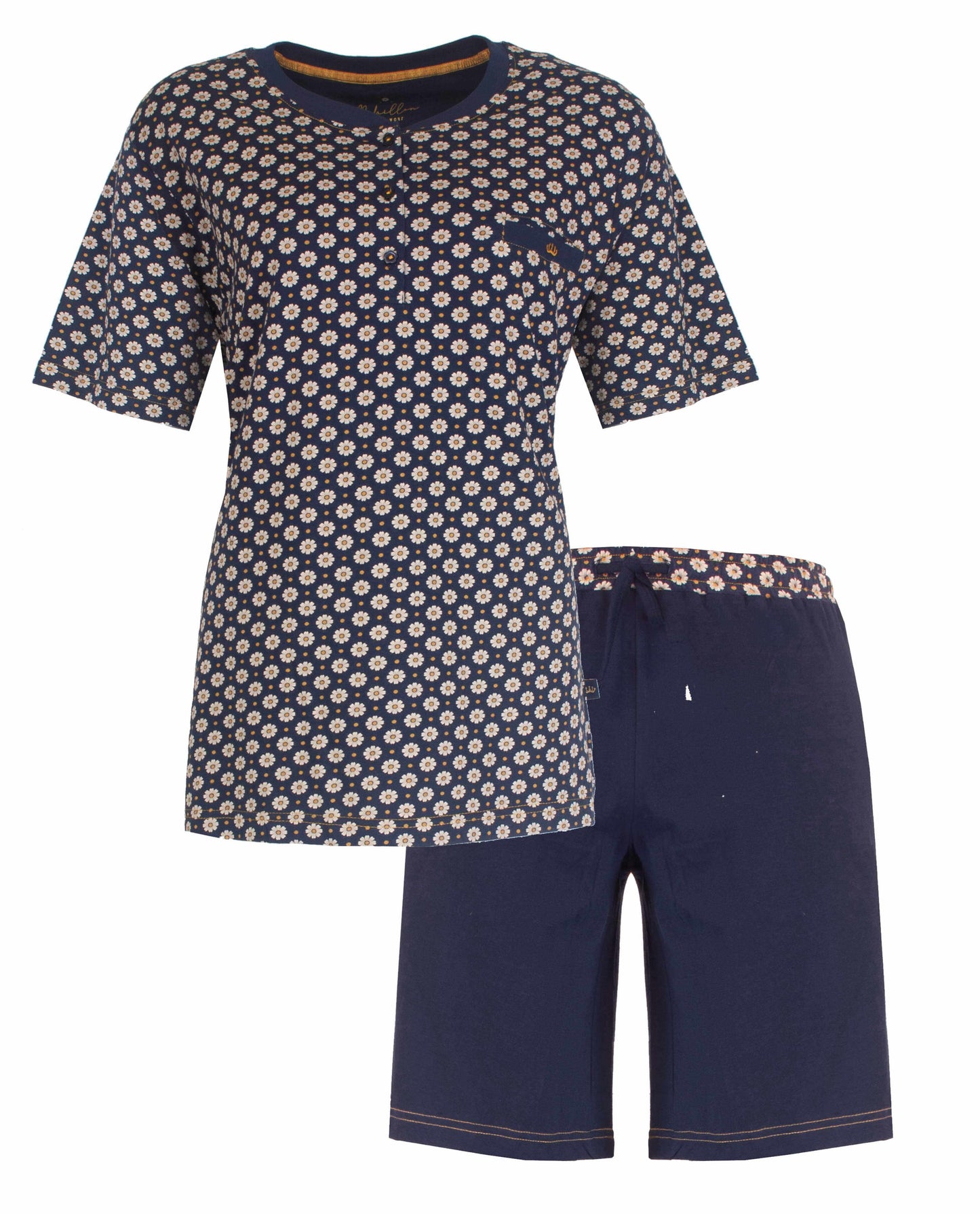 Blauwe dames shortama met wit bloemetjespatroon, bestaande uit een T-shirt en korte broek
