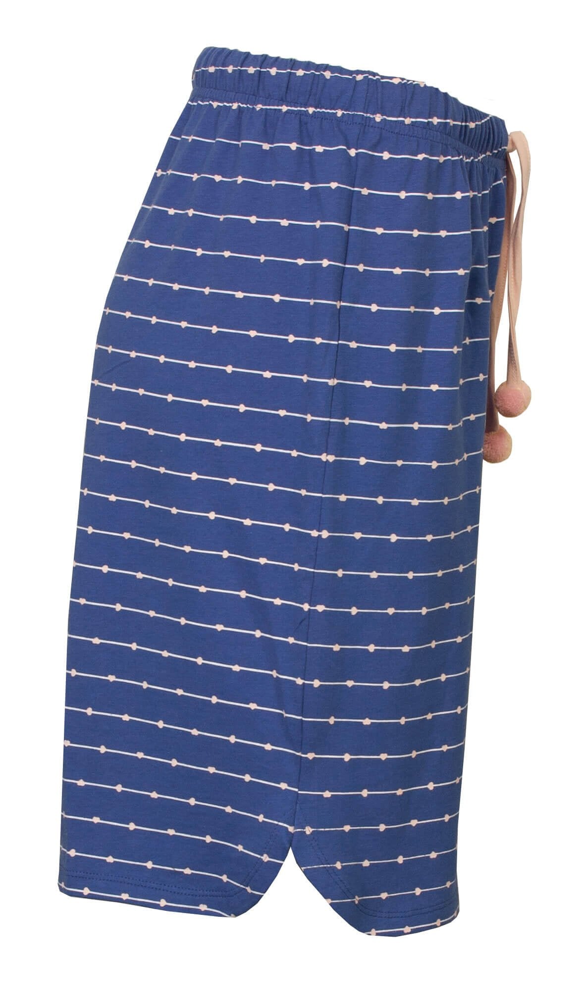 Blauwe dames shortama met wit stippenpatroon en elastische tailleband met roze koordjes