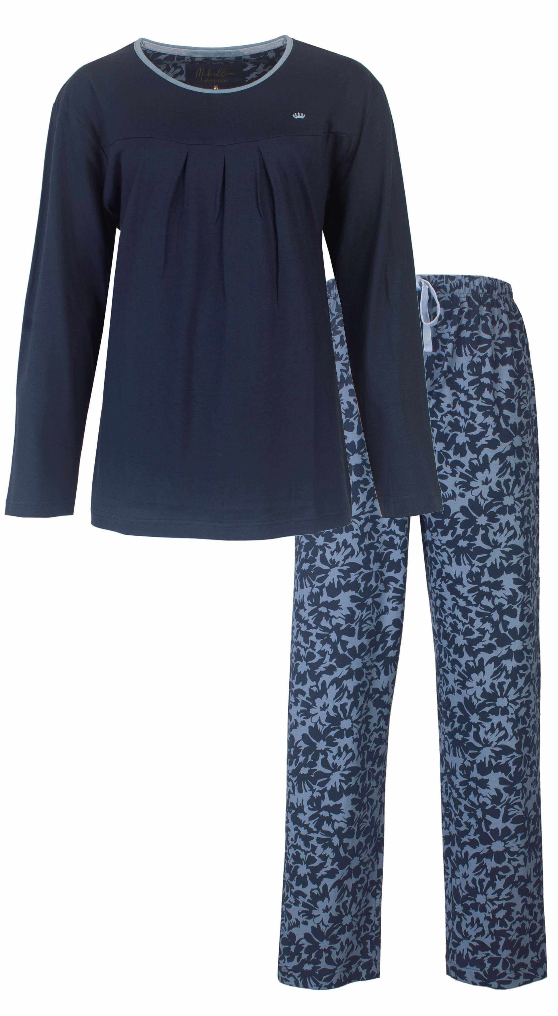 Donkerblauwe dama set met lange mouwen en bloemenprint broek voor dames