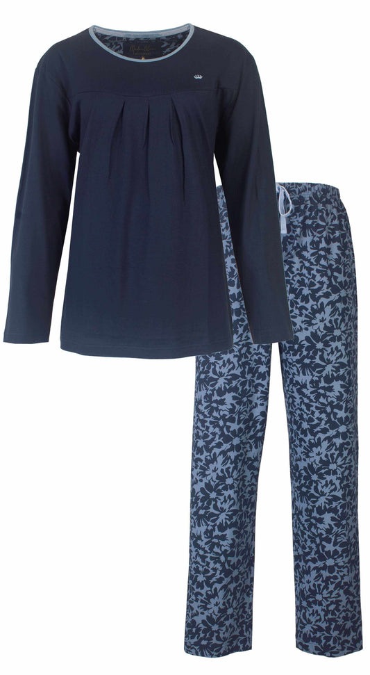 Donkerblauwe dama set met lange mouwen en bloemenprint broek voor dames