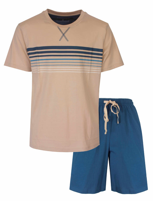Beige heren shortama met gestreept patroon op shirt, blauwe korte broek met trekkoord