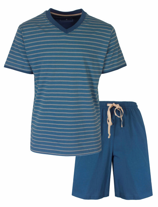 Blauw gestreepte heren shortama met V-hals T-shirt en effen blauwe korte broek met trekkoord