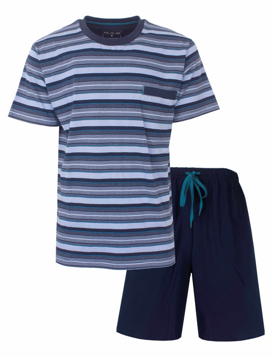 Gestreepte blauwe heren shortama met T-shirt en korte broek. T-shirt heeft verschillende tinten blauw en een borstzakje.