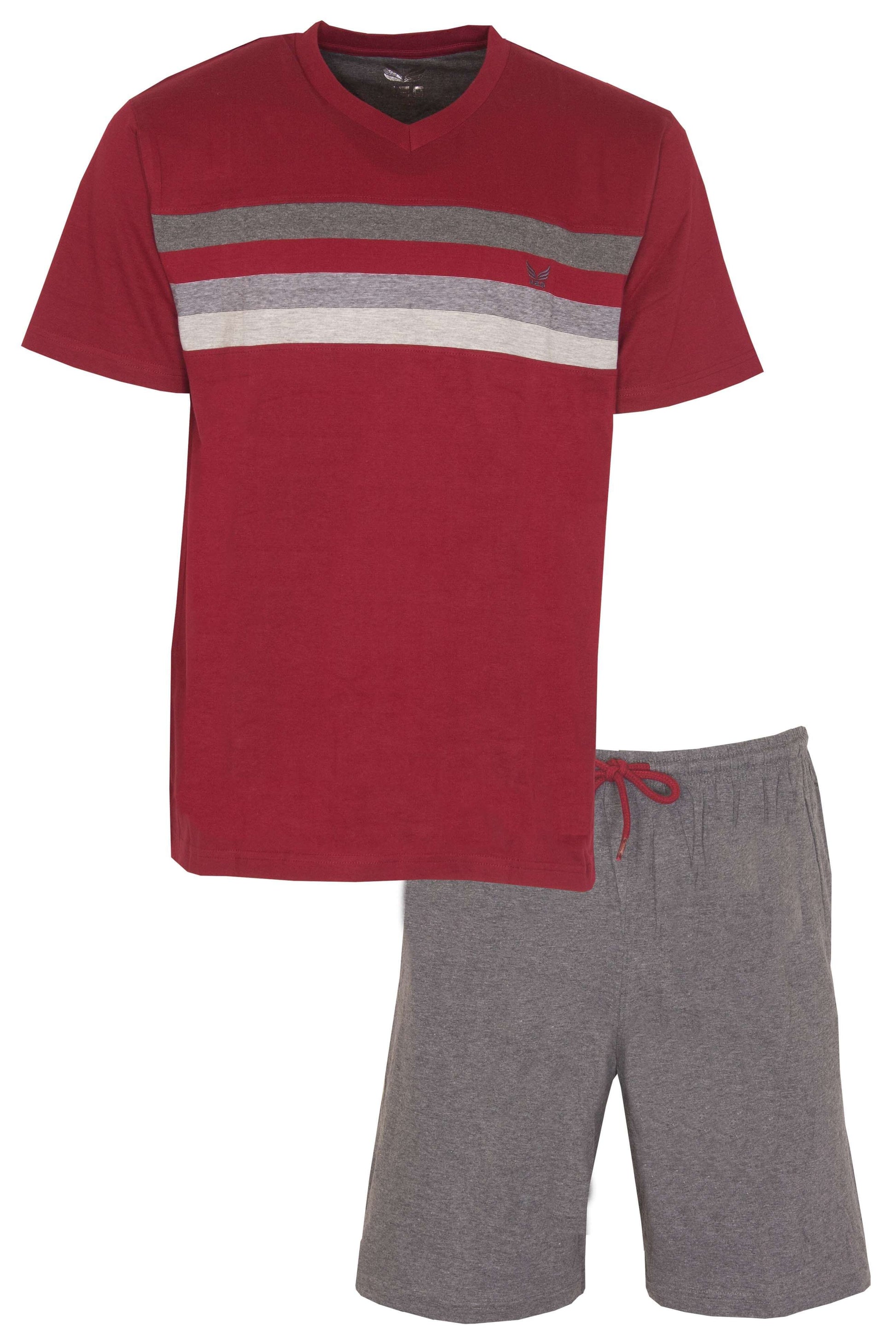 Rode heren shortama met V-hals T-shirt met grijze strepen en grijze korte broek. Gemaakt van katoen en polyester.